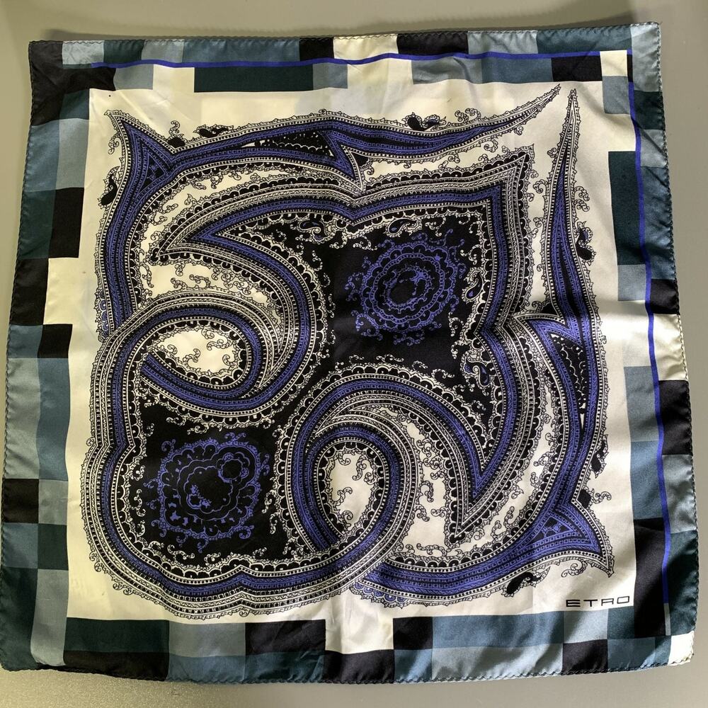 ETRO Black Blue Paisley Silk Pocket Square